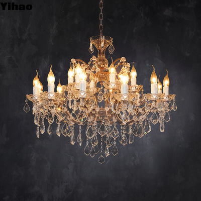 French Retro Crystal Chandelier 18 Lampu Dimmable Dengan Rantai / Batang yang Bisa Disesuaikan
