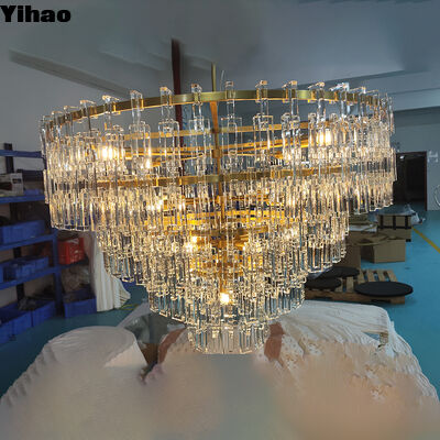 Yihao Factory Direct Custom Besar K9 Luxury Brass Body Crystal Shade Chandelier dengan 3500K Warm White untuk Hotel Bedroom & Living Room